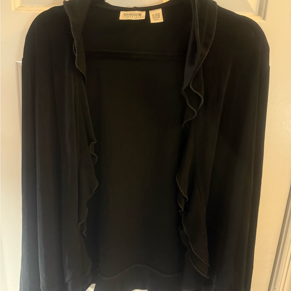 Chico's Elegant Black Ruffled Cardigan